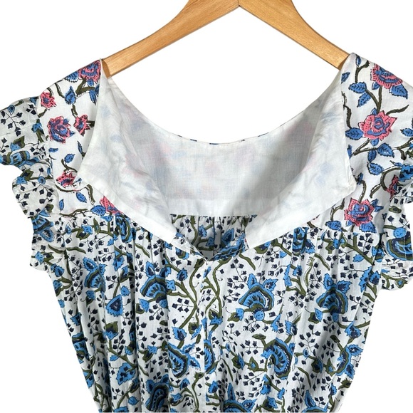 VINTAGE Smocked Floral Tapestry Ruffled Boho Midi Waist Tie Dress - Picture 10 of 11